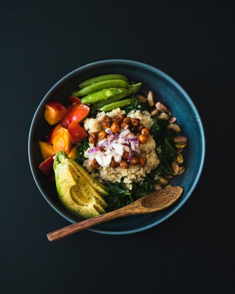 Plant-based buddha bowl with chickpeas, quinoa, and sweet potato